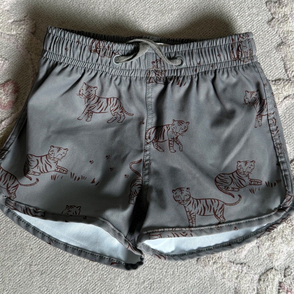 Rylee + Cru Gray Tiger Print Kids Swim Trunks
